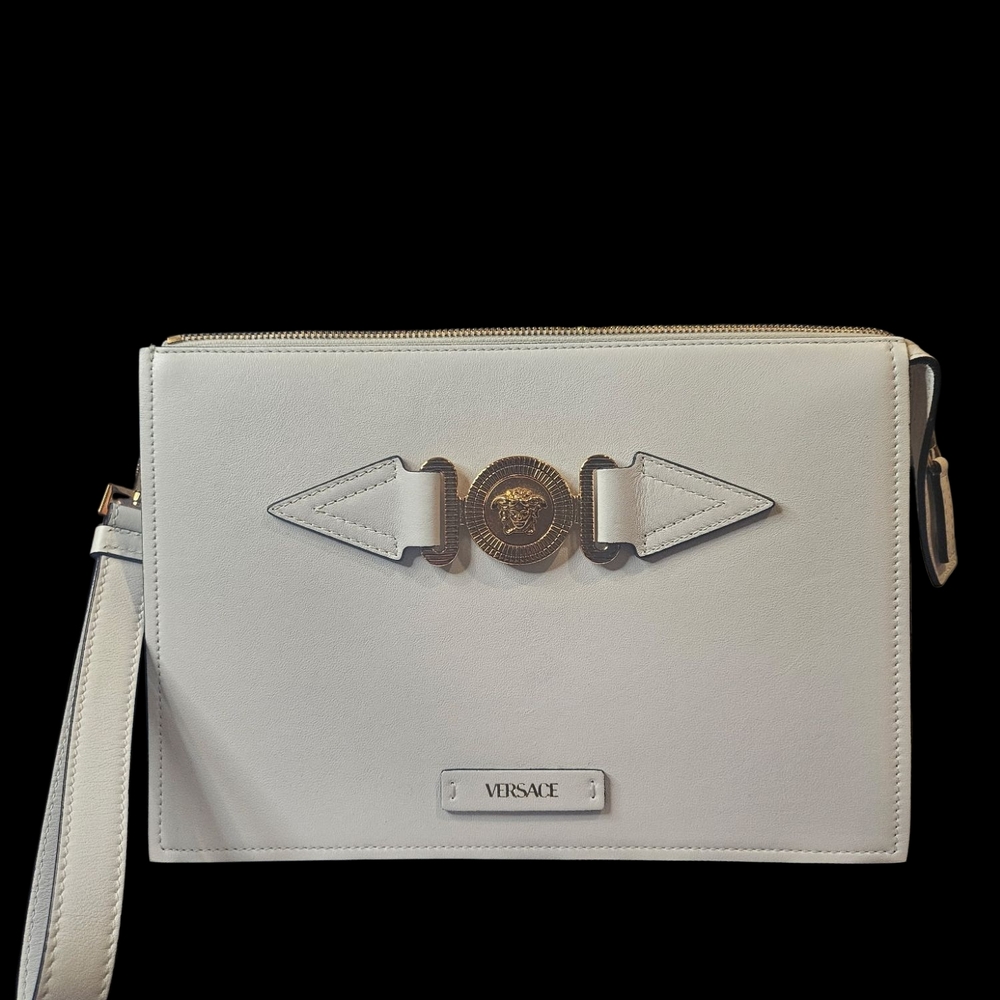 Versace White Clutch with Metallic Embellishment